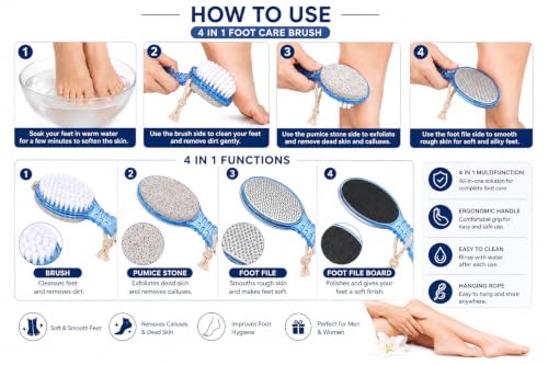Image of 4-in-1 Pedicure & Foot Care Tool Set for Home Use | Foot Scrubber, Pumice Stone, Foot Rasp & Black Emery File | Multi-Purpose for Callus, Rough Skin & Soft Care | Pedicure & Manicure Kit