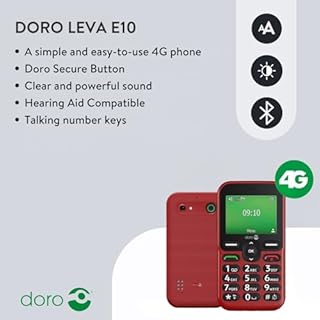 DORO Phone - Doro Leva E10 - 4G Mobile Phone For Elderly - 2.4" Landscape Display, High Contrast Keys, Extra Loud & Clear Sound, HD Voice, Camera, Doro Secure Button - Charging Cradle - Red