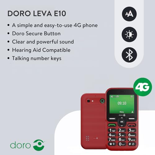 Doro Phone - Doro Leva E10 - 4G Mobile Phone For Elderly - 2.4" Landscape Display, High Contrast Keys, Extra Loud & Clear Sound, Hd Voice, Camera, Doro Secure Button - Charging Cradle - Red - 2