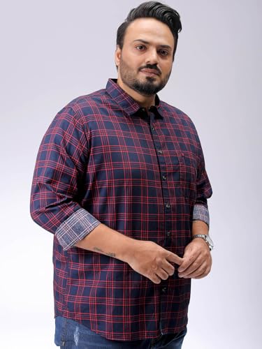 Image of Hardsoda by The Indian Garage Co Men Plus Size Regular Fit Checkered Cutaway Collar Full Sleeves Casual Shirt