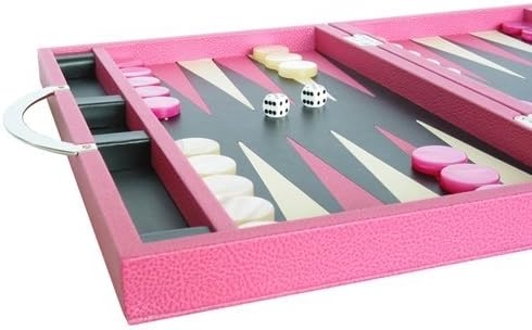 Zaza & Sacci Leather Backgammon Set - Board Game (15" Luxury Travel Attache Case, Model ZS-200) - Pink