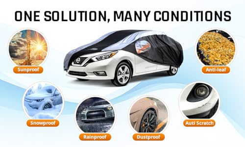 Image of Versa Car Cover Waterproof All Weather with Silver Strip Design, Custom Fit for Versa 20012-2025, Versa Accessory with Door Zipper & Windproof Straps