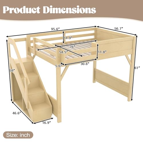 Image of KEIKI Solid Wood Full Size Loft Bed Frame with Stairs, Built-in Wardrobe and Storage Space, Full Loft Bed with Shelves, Full-Length Guardrails, No Box Spring Needed for Bedroom, Natural