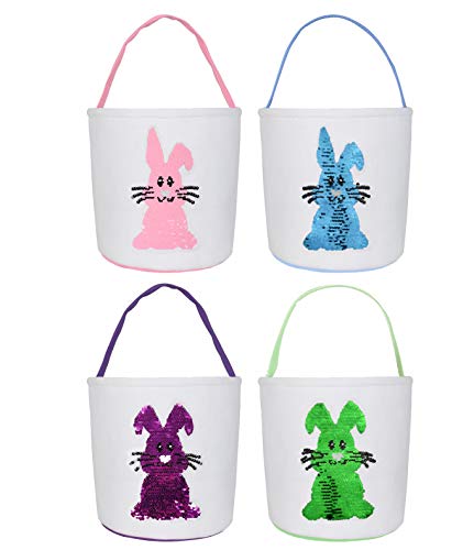 Easter Bunny Bags, Easter Bunny Baskets Rabbit Ears Design Jute Cloth Tote Bags for Kids Eggs Hunting, Candy and Gifts Carry Bucket at Easter Party (Basket 4 Pack A)