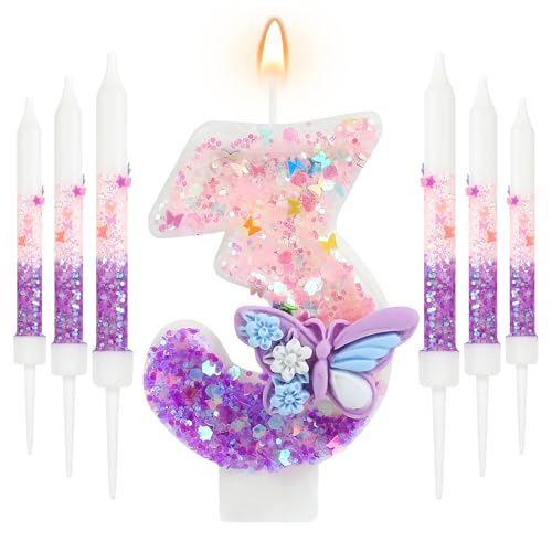 AKURIEEY Butterfly 3rd Birthday Candle Purple Number 3 Candle with 6 Pcs Long Candles for Girls Cake Topper Cupcake Decor Party Decoration Anniversary Celebrations Supplies
