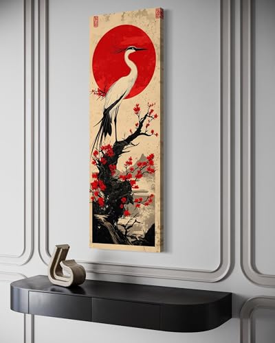 Toile grue japonaise pour mur vide, grand tableau oiseau asiatique zen vertical 50x150