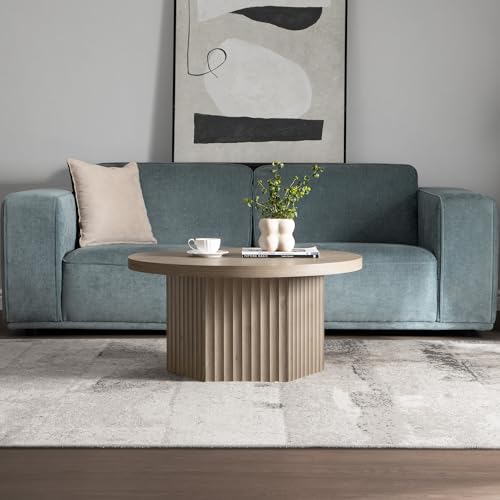 Image of SICOTAS 32 inch Round Coffee Table for Living Room Modern | Fluted Circle Center Coffee Table with Storage, Accent Tea Dining Table for Apartment, Grey Alder
