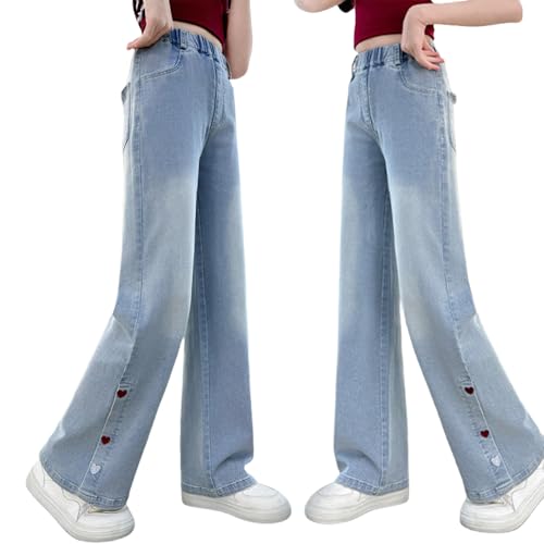 Tween Girls Baggy Jeans-Straight Leg Denim Pants with Heart Embroidered, Loose Fit Elastic Waistband Trousers