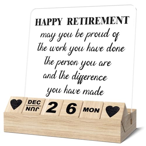 Retirement Gifts for Woman Man-Wooden Block Calendar Acrylic Sign-Going Away Leaving Goodbye Gifts for Coworker Boss Retired Teacher Nurse, Happy Retirement Desk Calendar for Home Office Decor