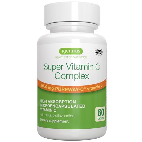 Super Vitamin C Complex 1000mg, High Absorption 24-Hour Action Pureway-C, Clean Ingredients, Non-Acidic & Gentle, Vegan, 60 One-A-Day Tablets, by Igennus