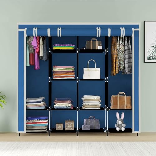Image of Maison & Cuisine Collapsible Wardrobe 12 Shelves Storage Unit almari Closet Clothes Storage Rack Quick and Easy to Assemble Foldable Almirah (W 88170) (Blue)