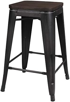 GIA 24-Inch Backless Stool with Wooden Seat, Antique Black/Dark Wood, 1-Pack