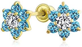 Tiny Aqua Blue CZ Flower Stud Earrings For Women For Teen Cubic Zirconia Simulated Aquamarine 14K Real Gold Screw back