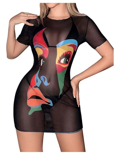 Floerns Women's Graphic Short Sleeve Swimwear Sheer Mesh Beach Cover Up Dress