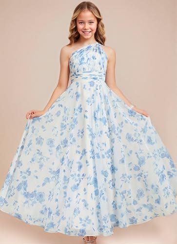 LTW One Shoulder Chiffon Junior Bridesmaid Dress Floral Print Boho Summer Flower Girl Dress for Wedding2