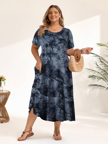 Image of LARACE Plus Size Dresses for Women Summer Casual Short Sleeve Long Dress Flowy Maxi Beach Dresses with Pockets L-6XL