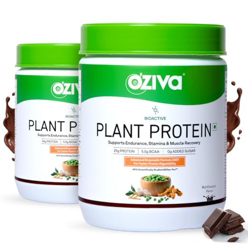 Image of OZiva Bioactive Plant Protein (Chocolate) | 25g Protein,5.5 BCAA| Pea Isolate| Plant based Protein Powder for Women & Men | Essential Amino Acids| Vegan Protein supplement,Sugar free, 500g Pack of 2