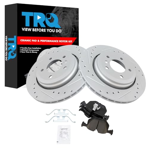 Image of TRQ Performance Rear Brake Pad and Rotor Set Ceramic Drilled Slotted Coated Rotors Compatible with 2001-2006 BMW 330Ci 2001-2005 330i 330xi