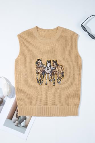 Apvirdy Sequin Horse Graphic Sweater Vest for Women Sleeveless Crewneck Lightweight Knit Elegance Sweater Tops3
