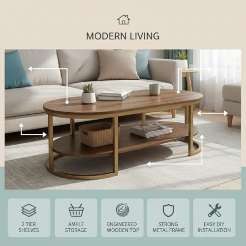 Image of RIZIK Stores Coffee Table - Modern 2-Tier Center Table with Engineered Wooden Top & Metal Frame, Living Room Sofa Table, Elegant Cocktail Table for Home, Office, Dining (Brown Gold)