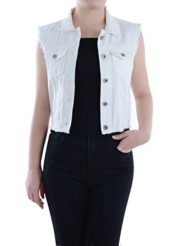 Anna-Kaci Women's Distressed Denim Sleeveless Pocketed Short Slim Fit Jean Jacket Vest,Off-White,Large #TOP26