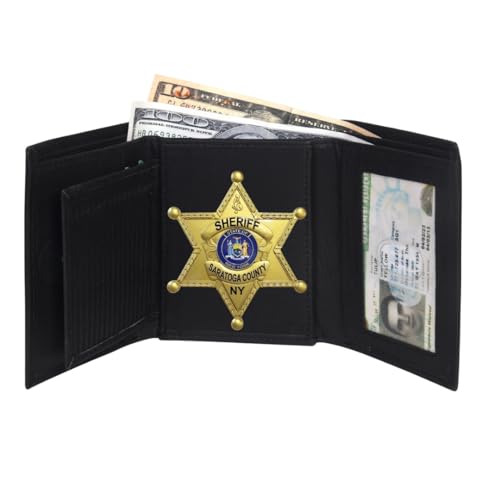 Leatherboss Genuine Leather Police Star Shape Badge Holder Trifold Wallet with ID Window, Black4