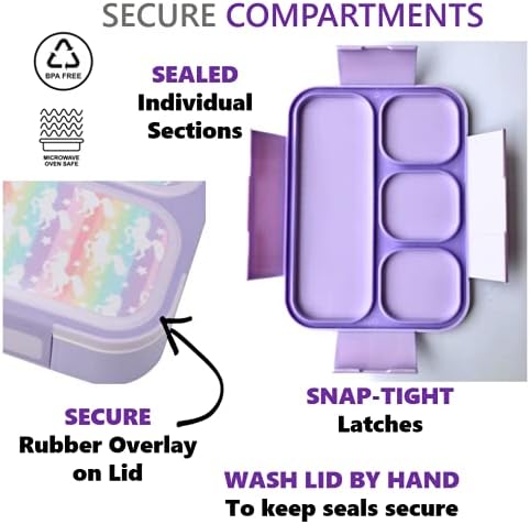 kinsho Bento Lunch Box with Bag and Ice Pack for Girls, Kids | Snack Containers with 4 Compartment Dividers, Boxes for Toddlers Pre-School Daycare Tween Leakproof Set BPA Free, Rainbow Unicorn