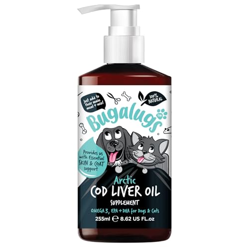 Bugalugs Cod liver Oil for Dogs & Cats, EPA & DHA, Fish Oil for Dogs Skin & Coat dog supplements health supplies for dogs more omega 3 for dogs than salmon oil for dogs uk (255ml, Cod Liver Oil)
