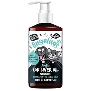 Bugalugs Cod liver Oil for Dogs & Cats, EPA & DHA, Fish Oil for Dogs Skin & Coat dog supplements health supplies for dogs more omega 3 for dogs than salmon oil for dogs uk (255ml, Cod Liver Oil)