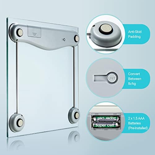 Etekcity Scales for Body Weight, Bathroom Scale with Clear LCD Display| High-Precision Measurement Technology (0.1kg/Max 180kg), 6mm Ultra Slim Design Tempered Glass, Battery Included-Measure Tape
