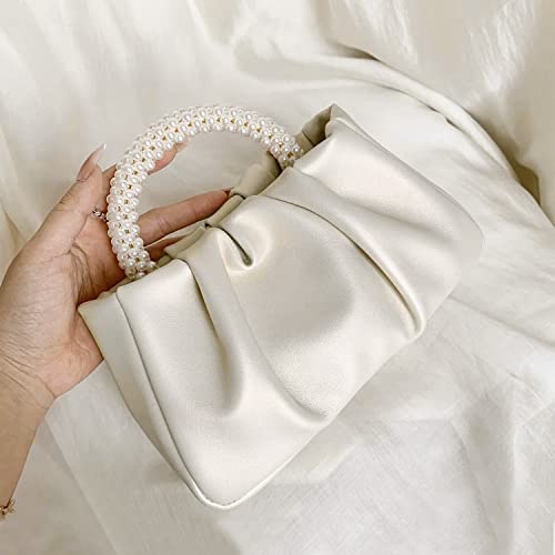 Beatfull Evening Purse Women Pearl Handbags Soft Leather Ruched Bag Bridal Clutch For Wedding Party Prom Crossbody Purses White #TOP2