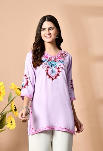 Image of LIBOZA Embroidered Kashmiri Tunic Top, Short Kurti for Women on Jeans, V-Neck, 3 /4 Sleeve, Floral Design,