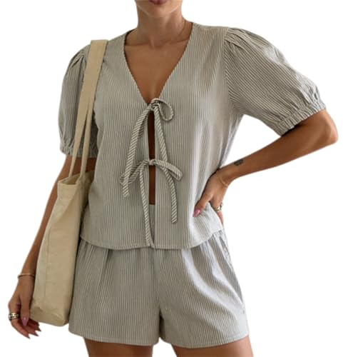 Image of Yuemengxuan Women Y2k Two Piece Plaid Lounge Sets Puff Sleeve Tie front Blouse Top High Waist Shorts Casual Pajamas Sets