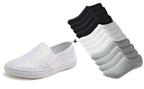 FEVERSOLE Women's Fashion Slip-On Sneaker Loafers White Size 8.5 M US Boundle with No Show Socks Women Ankle Low Cut Thin No Slip Invisible Liner Socks 3 Colors 6 Pairs