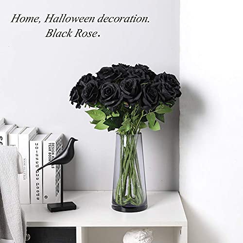 Laelfe 12 Pcs Artificial Flowers Roses Fake Silk Flowers Long Stem Artificial Black Roses For Home Wedding Party Halloween Outdoor Decorations(Black) #TOP1