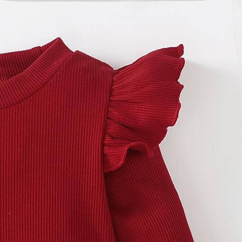 Image of OPAWO Toddler Long Sleeve Shirt Girl Ruffle Sleeve Ribbed Tops Tees Blouses