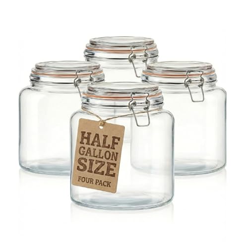 Image of kitchentoolz Half Gallon Glass Large Mason Jars with Airtight Lid - 64oz Wide Mouth Flour & Sugar Container. Also for Sourdough, Pasta, Pickles, Cookies- Flip Top Hinged Closure - 4 Pack