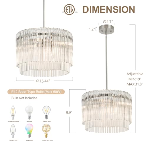Image of 15.44 inch Drum Chandeliers Dining Room Brushed Nickel 6-Lights | Modern Round Glass Chandelier with Crystals for Living Room Kitchen Island Entryway Foyer Stairway Light Fixture