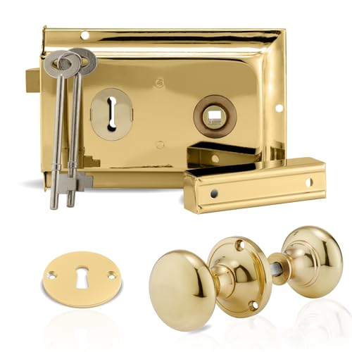 XFORT Premium Range 6"x 4" Traditional Brass Rim Lock Set with Polished Brass Rim Knob, Surface Door Lock with Latch, Shed Lock with Key, Vintage Garden Gate Lock, for External Sheds, Gate or Doors
