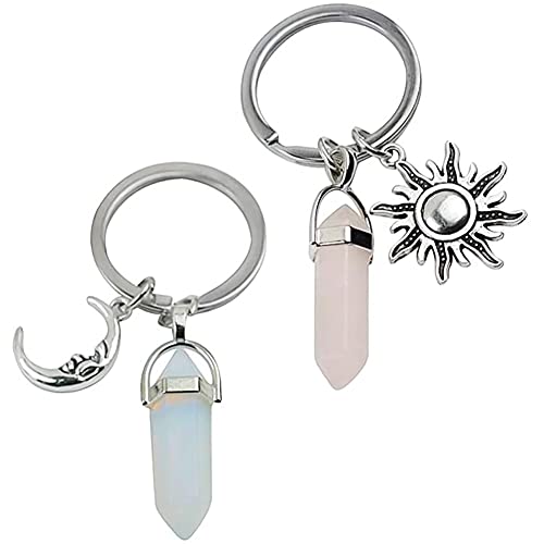 Ksopsdey 2 uds Llavero Piedra Cristal, Piedra Natural la Luna del Sol, Joyería Pareja Cristal de Pilar Hexagonal, Colgante, Llavero, Bolso o Accesorios para Teléfono Cover
