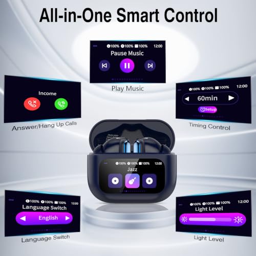 Image of Thunelec Wireless Earbuds with Touch Screen, 2026 New Bluetooth 5.4 Headphones with ANC /ENC Mic, 50H HiFi Stereo Ear Buds with 5 EQ Modes, Transparency Mode, IPX7 Earphones for Running /Fitness, Blue