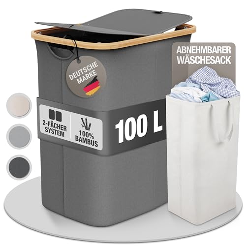 Wäschekorb 100L mit 2 Deckeln und 2 Fächern – Faltbarer Wäschesammler...
