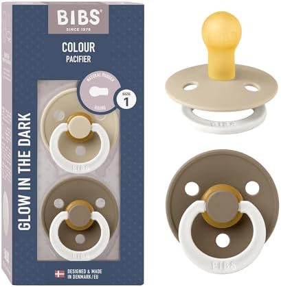 BIBS Colour GLOW Schnuller, 0-6 Monate, 2er-Pack, Vanilla/Dark Oak | Runder Sauger | Naturkautschuklatex | Größe 1 | BPA-frei | Hergestellt in Dänemark | Leuchtring | Hohe Akzeptan