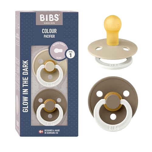 Image of BIBS Pacifiers Colour Collection | Natural Rubber Baby Pacifier | Set of 2 BPA-Free Soothers | Made in Denmark | 0+ Months (Pack of 2) | Vanilla Night /Dark Oak Night
