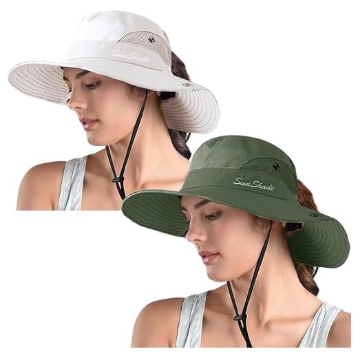 ZOORON Chapéu de sol feminino safári rabo de cavalo, aba larga, proteção UV, chapéu balde ao ar livre, chapéu dobrável de praia e verão, 2 - bege puro/verde militar, 6 3/4-6 7/8