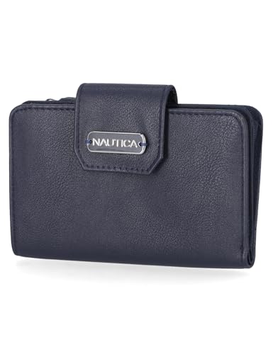 Nautica Womens, Close Reach Vegan Leather RFID Wallet, Small Credit Card Holder Purse with Zipper Coin Pocket and ID Window in Indigo