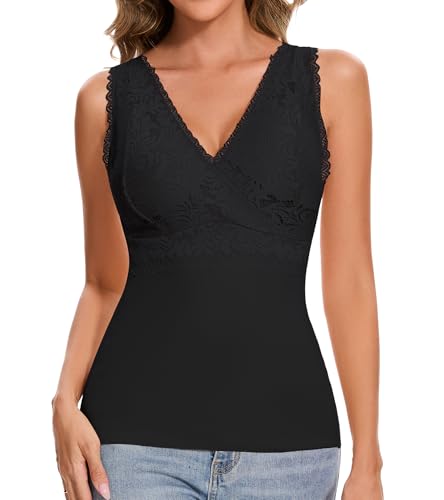 Miguofan Slimming Tank Top for Women V Neck Lace Camisole Tops with Built in Bra Cami Vest Base Layer (US, Alpha, Large, Regular, Regular, Black)