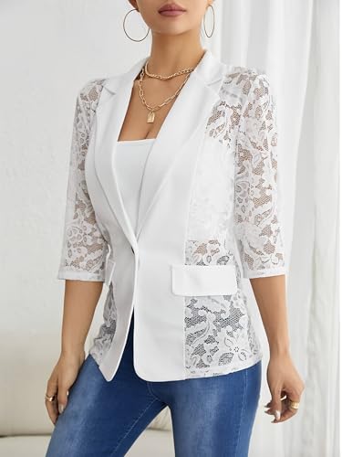 Women's Blazer Lace Mesh Crushed Cardigan Jacket 3/4 Long Sleeve Patchwork Blazer4