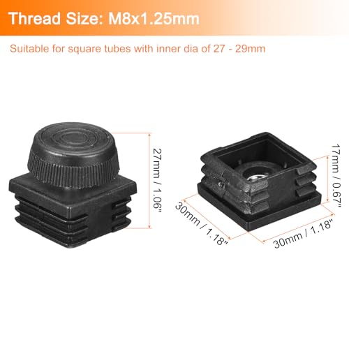 Image of uxcell 12Pcs Inserts for Square Tubes with Leveling Feet, for 1.18 inchx1.18 inch OD Square Tube, M8-1.25mm Thread Black Plastic Furniture Chair Blanking End Caps Insert Plugs