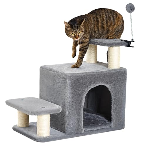 Happi N Pets Dog Stairs with Cat Scratching Post & Large Condo, Stable Pet Steps for High Beds Couch, 3 Combinations Cat Ramp Tree Tower for Cats or Small Dogs, Removable Cushion & Bonus Toy, Gray